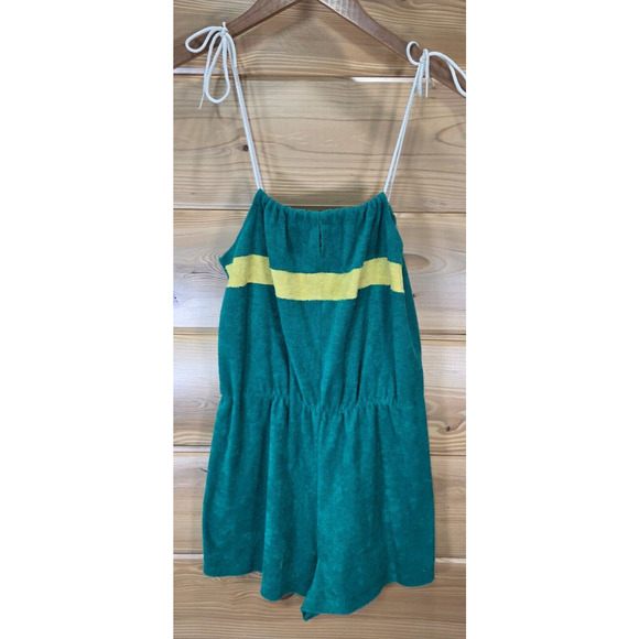 VTG Terry Cloth Romper Shorts 70s Women Medium Green Stripe Distress READ - Picture 1 of 14